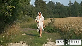 A Charming Girl Indulges In Solo Play During A Countryside Stroll